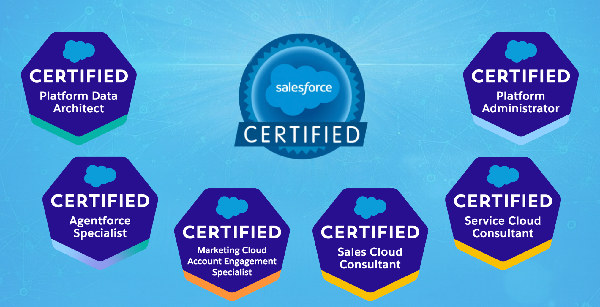 Salesforce Certifications: Platform Data Architect, Platform Administrator, Agentforce Specialist, Marketing Cloud Account Engagement, Sales Cloud Consultant, Service Cloud Consultant